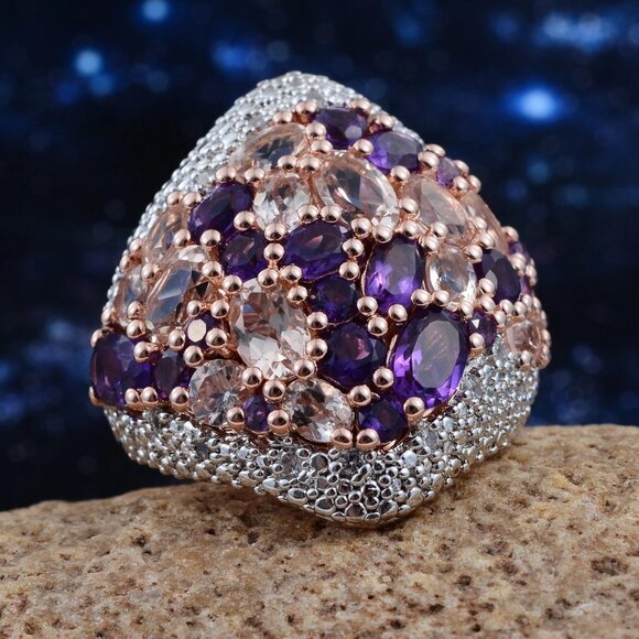 Jewelry - Rose Gold Rhodium Plated Sterling Silver Ring With Polished African Amethyst, Mo